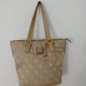 Dooney & Bourke Tan Logo Canvas Bucket Shoulder Handbag Tan Leather Matte Bronze
